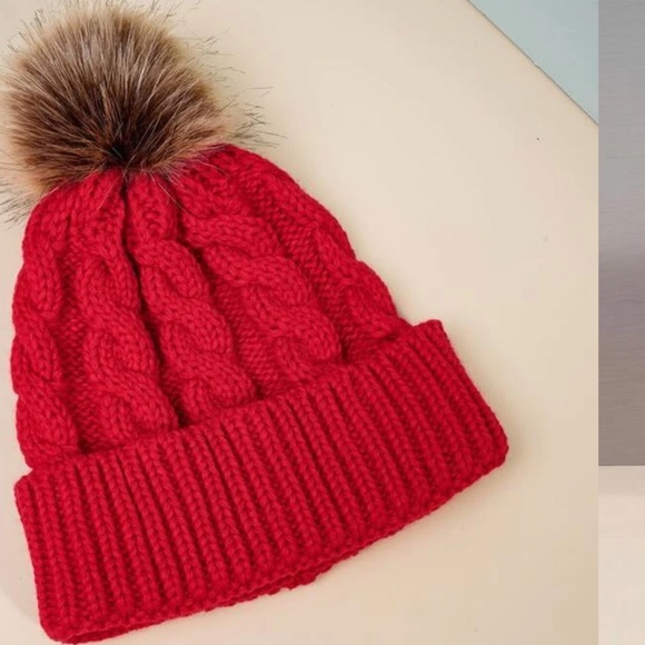 Red Pom-pom decor beanie hat. One size fits all. - Picture 2 of 6